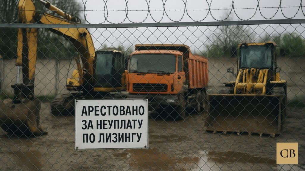 Огороженная площадка ареста техники: за сетчатым забором с колючей проволокой стоят рядом жёлтый экскаватор, оранжевый самосвал и фронтальны
